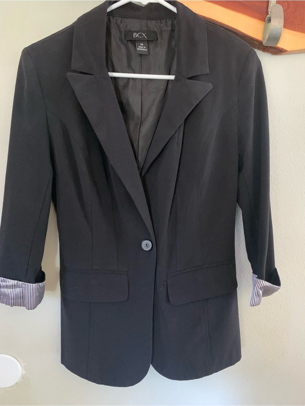 BCX Women's Black Single-Button Blazer with Striped Cuff